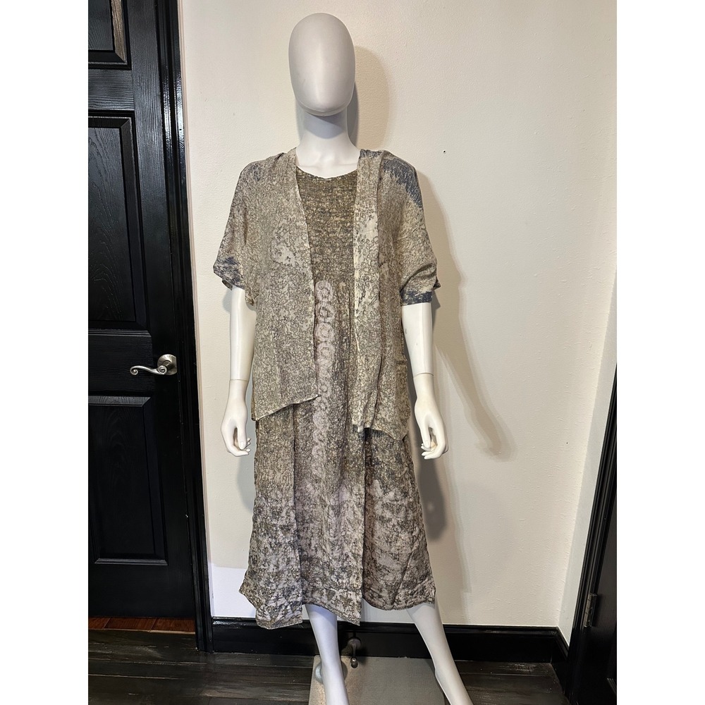Tamsy Womens One Size 2 Piece Set Abstract Batik Print Dress and Cardigan Taupe